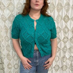 Vintage Turquoise short sleeve knit cardigan by Worthington / Size L